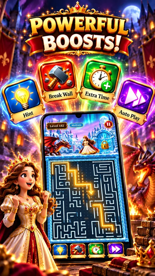 The four power-ups: Hint, Break Wall, Extra Time and Auto Play