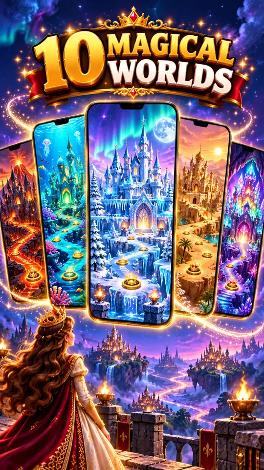 Five of the game's worlds: snow, water, fire, sand and crystal