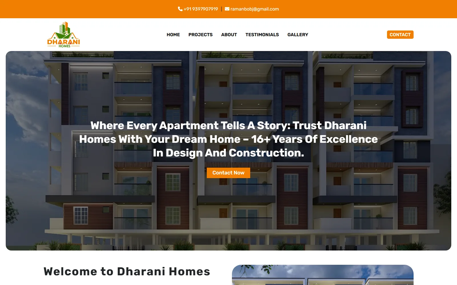 Dharani Homes real estate developer website — built by Kode studio