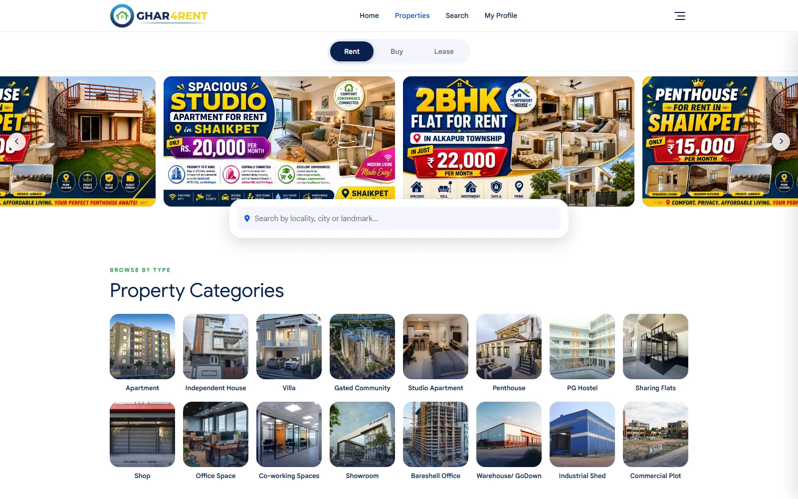 Ghar4Rent property rental listings website — built by Kode studio
