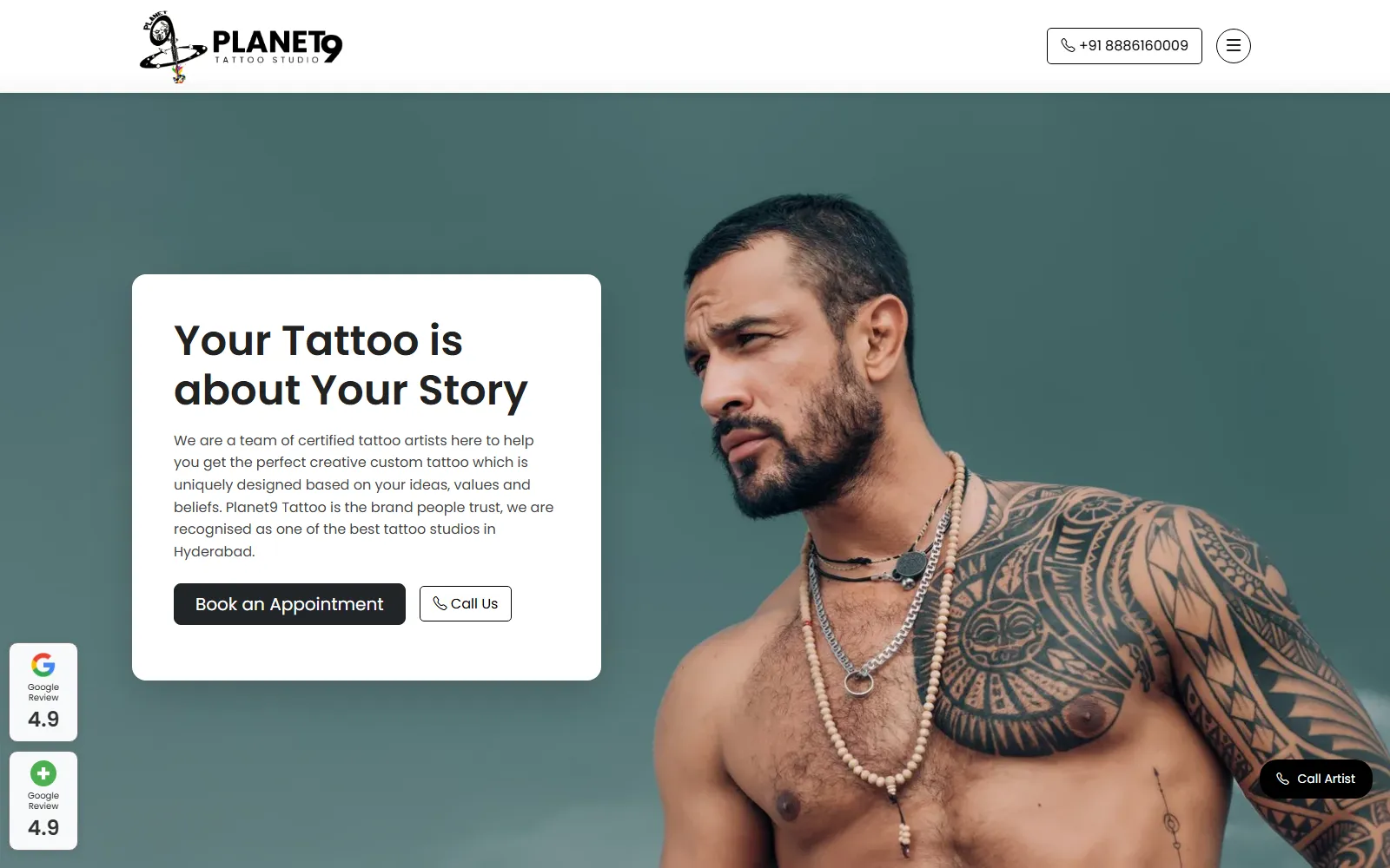 Planet 9 Tattoos studio website — built by Kode studio