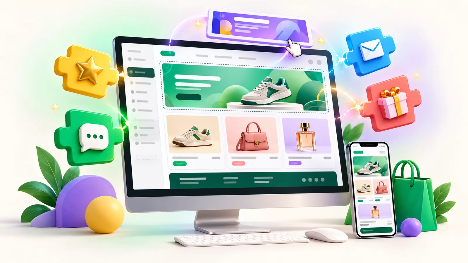 Illustration of Shopify theme customisation and app integrations
