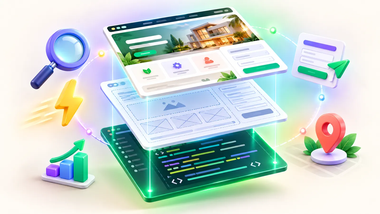 Illustration of website speed, SEO and lead form components